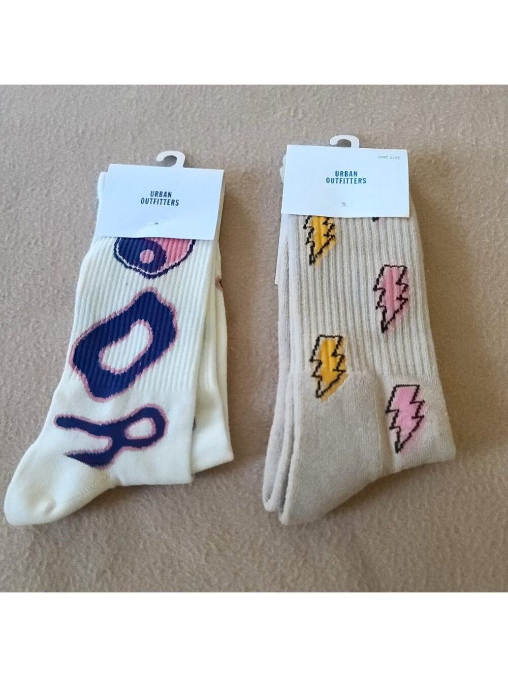 2 Pairs Urban Outfitters Crew Socks OS Unisex Lightning Bolt + Order Chaos NEW